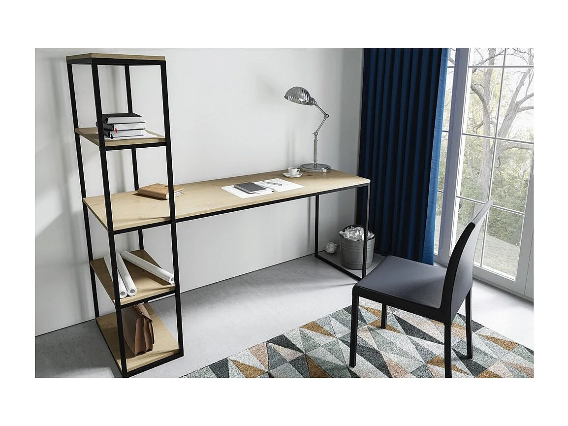 SCHREIBTISCH MIT REGAL Arne Eiche Lefkas Dunkel / Schwarz 152 / 60 / 160cm