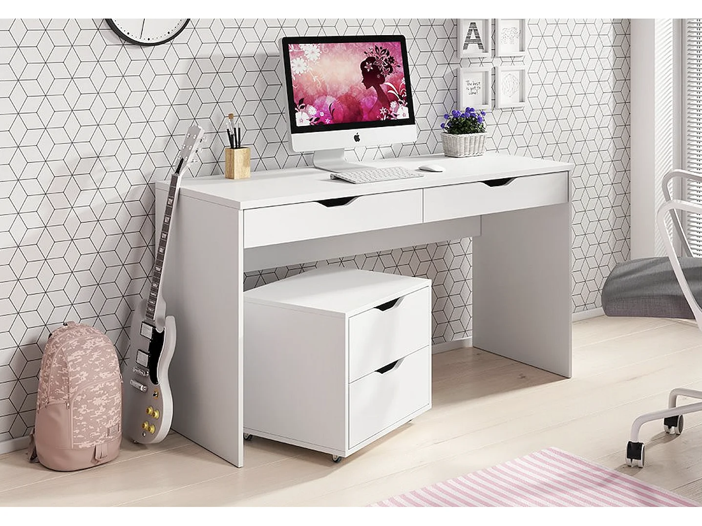 SCHREIBTISCH MIT ROLLCONTAINER Mati weiß 138 / 50 / 76cm