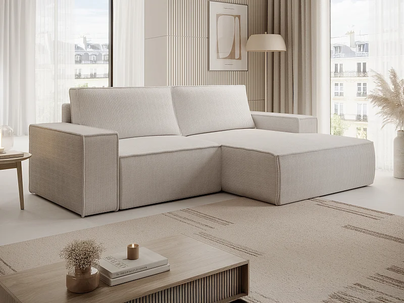 Petit canapé d'angle droit convertible en velours côtelé beige AMELIA