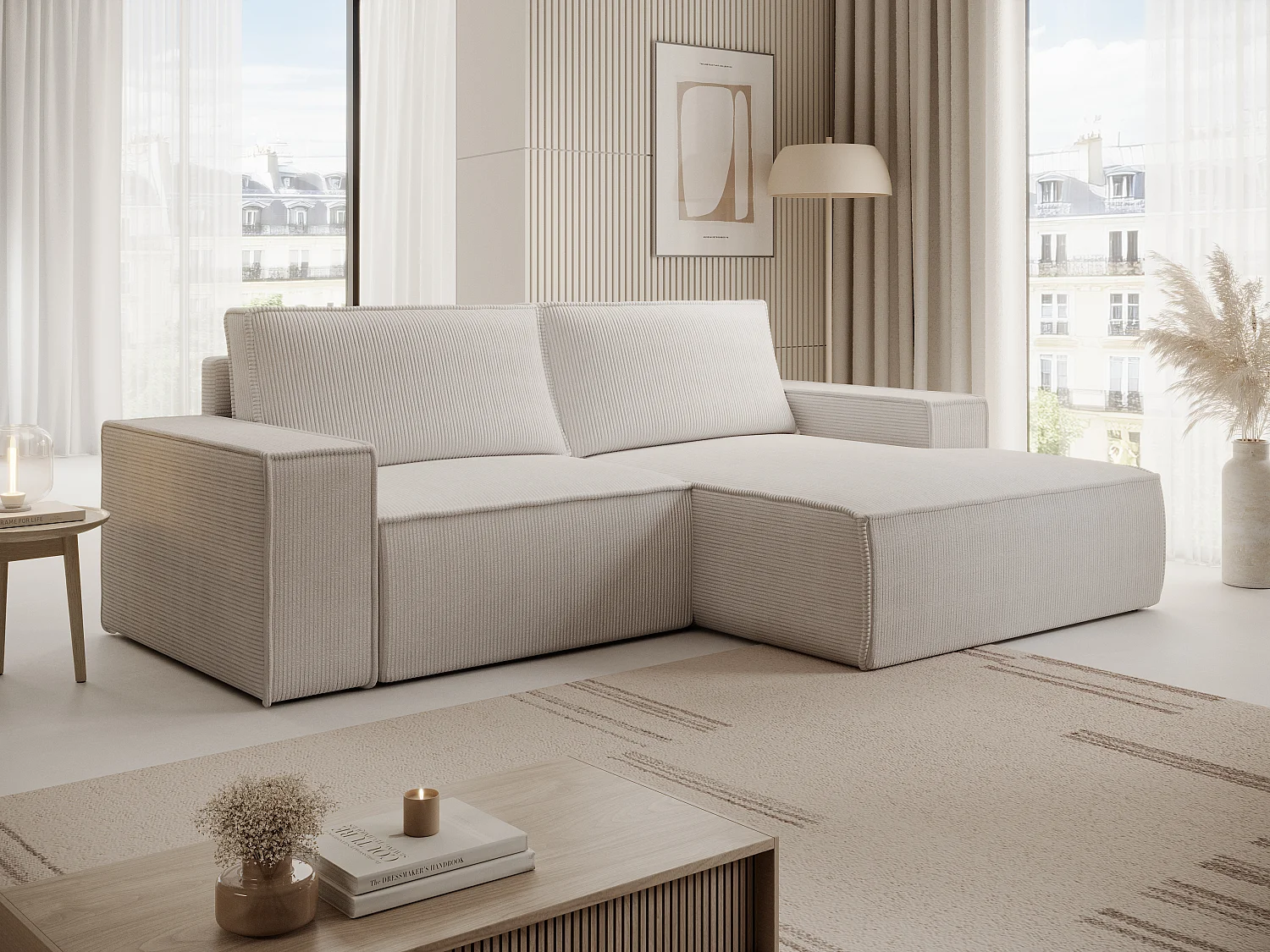 Petit canapé d'angle droit convertible en velours côtelé beige AMELIA