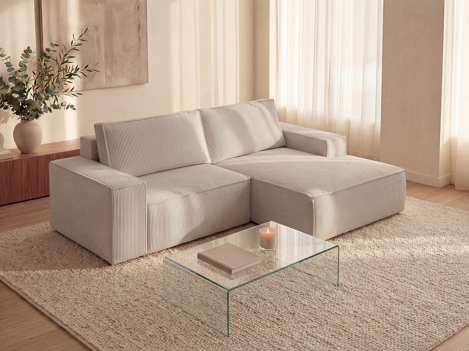 Kleines Ecksofa mit Schlaffunktion - Ecke rechts - Cord - Beige - AMELIA günstig online kaufen