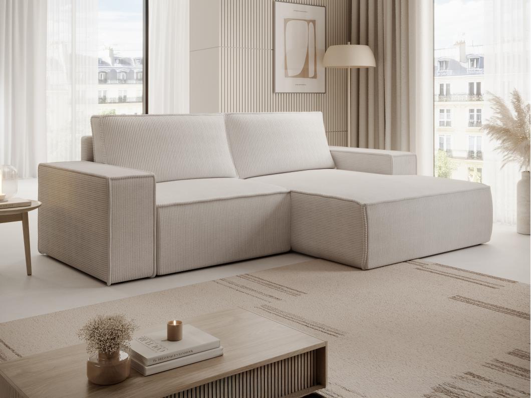 Kleines Ecksofa mit Schlaffunktion - Ecke rechts - Cord - Beige - AMELIA