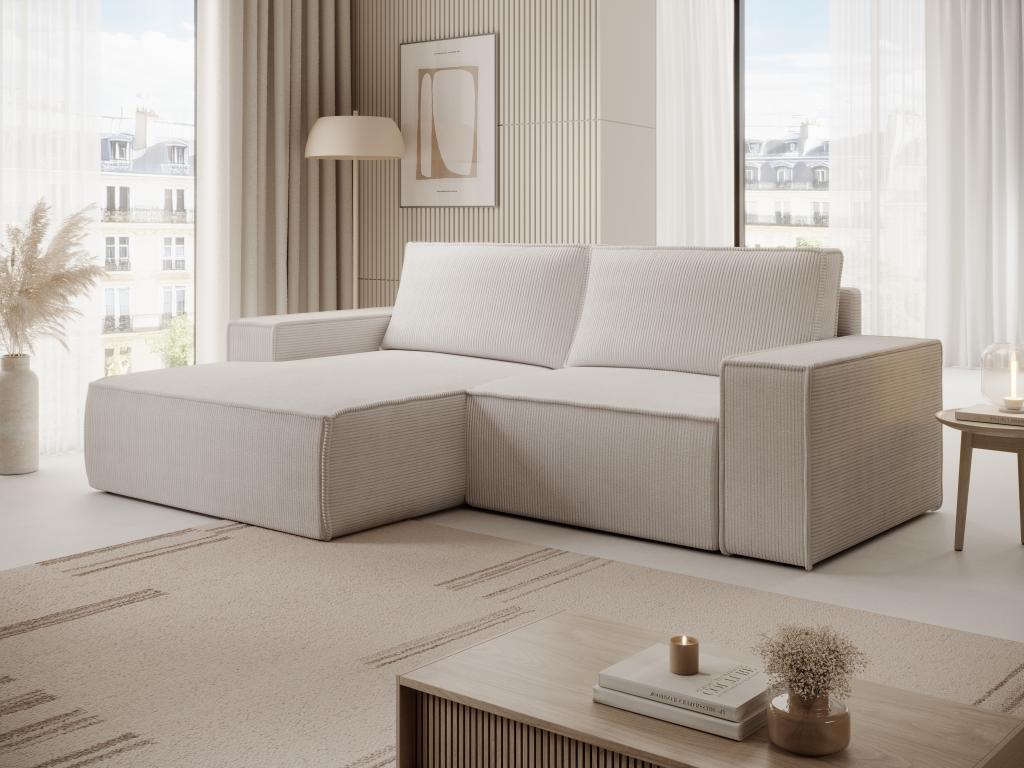 Petit canapé d'angle gauche convertible en velours côtelé beige AMELIA