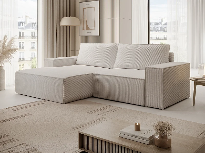 Petit canapé d'angle gauche convertible en velours côtelé beige AMELIA