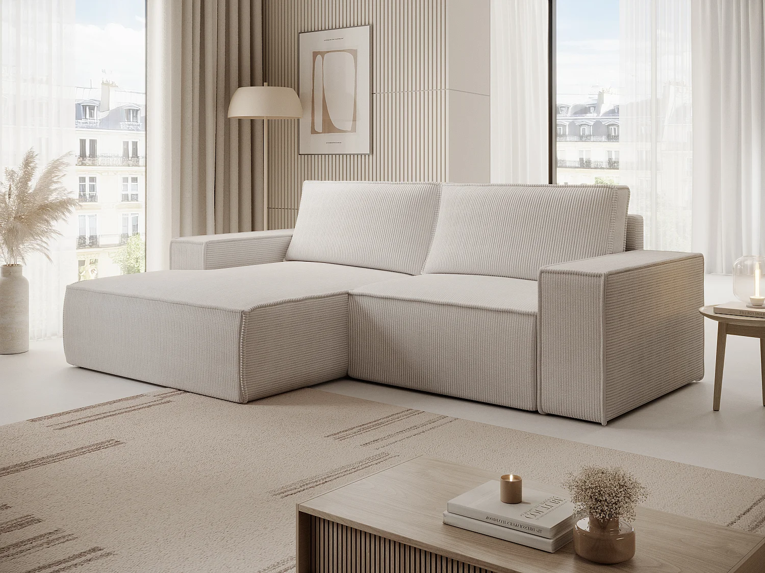 Lille hjørnesofa venstrevendt med sovefunktion i beige fløjl AMELIA