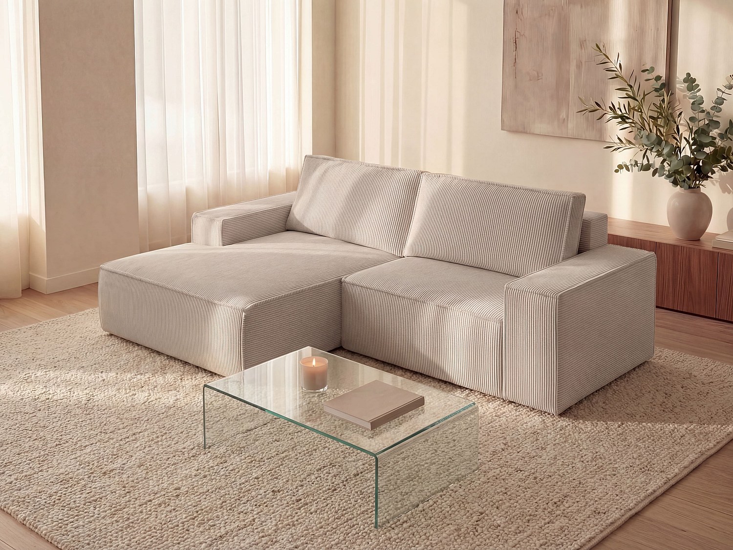 Kleines Ecksofa mit Schlaffunktion - Ecke links - Cord - Beige - AMELIA günstig online kaufen