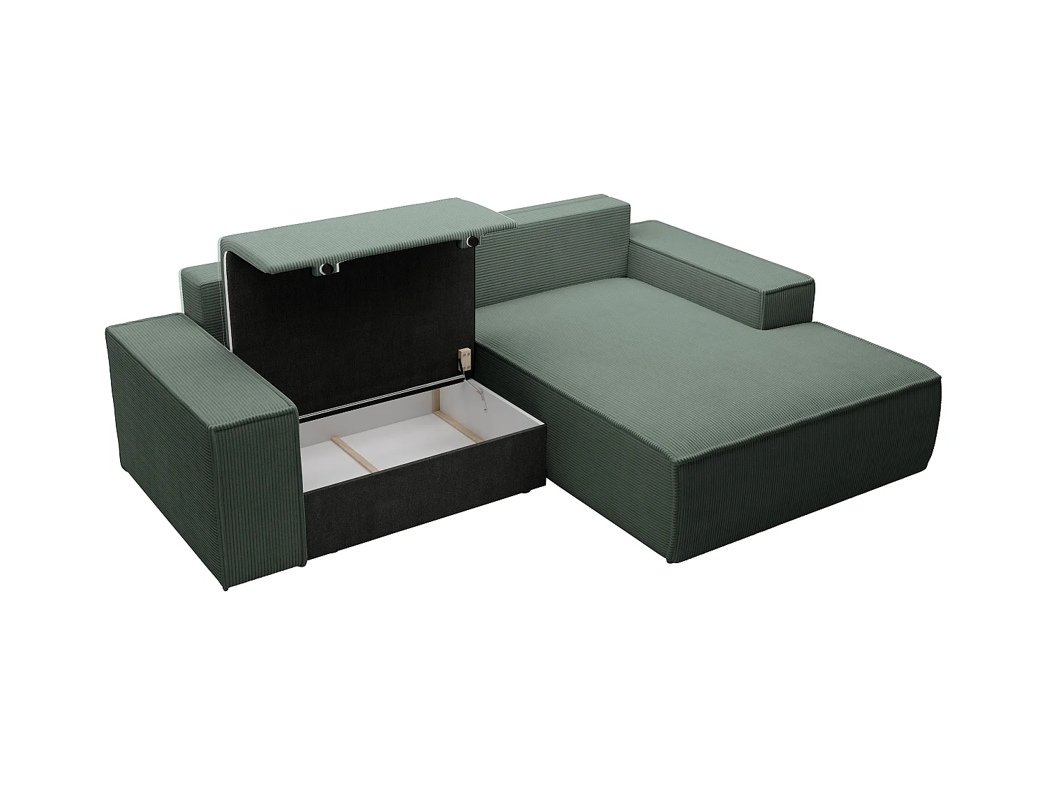 Petit canapé d'angle droit convertible en velours côtelé vert sapin AMELIA