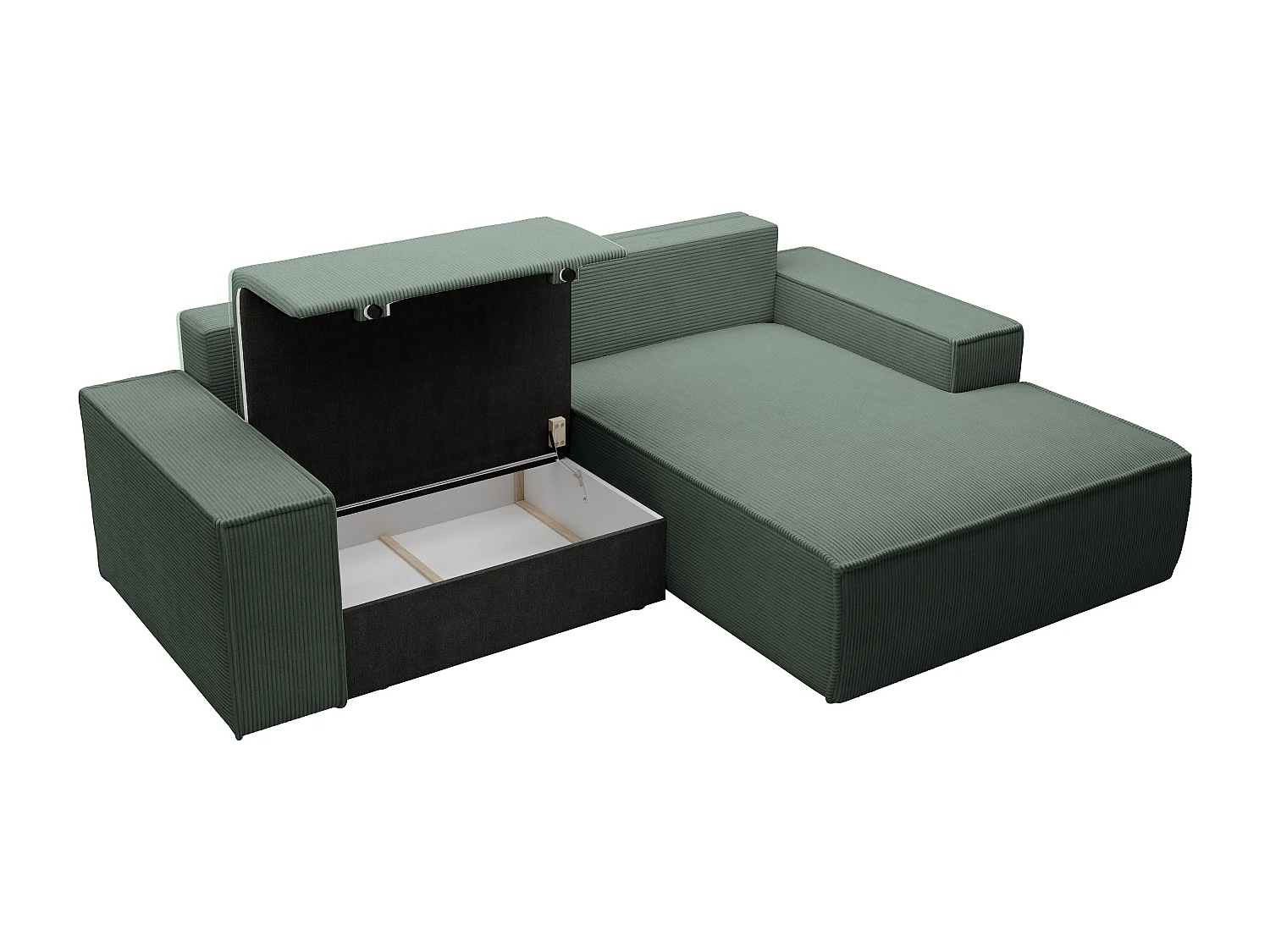 Liten fireplassers hjørnesofa med uttrekkseng i grønn kordfløyel AMELIA