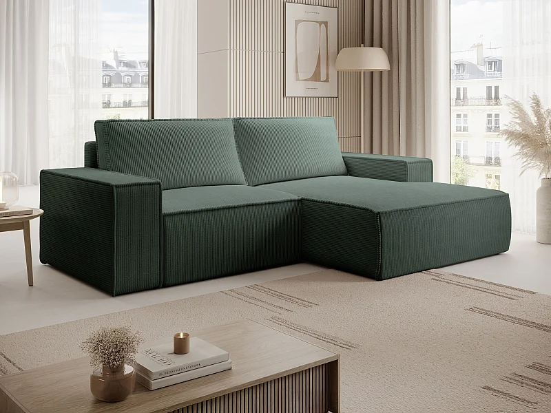 Kleine slaapbank met rechtse hoek in dennengroen ribfluweel AMELIA