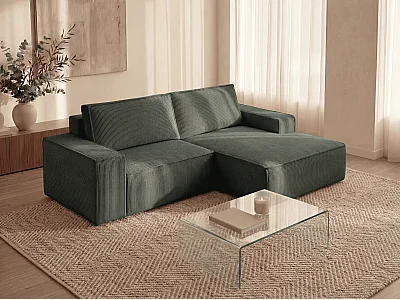 Kleines Ecksofa mit Schlaffunktion - Ecke rechts - Cord - Tannengrün - AMELIA