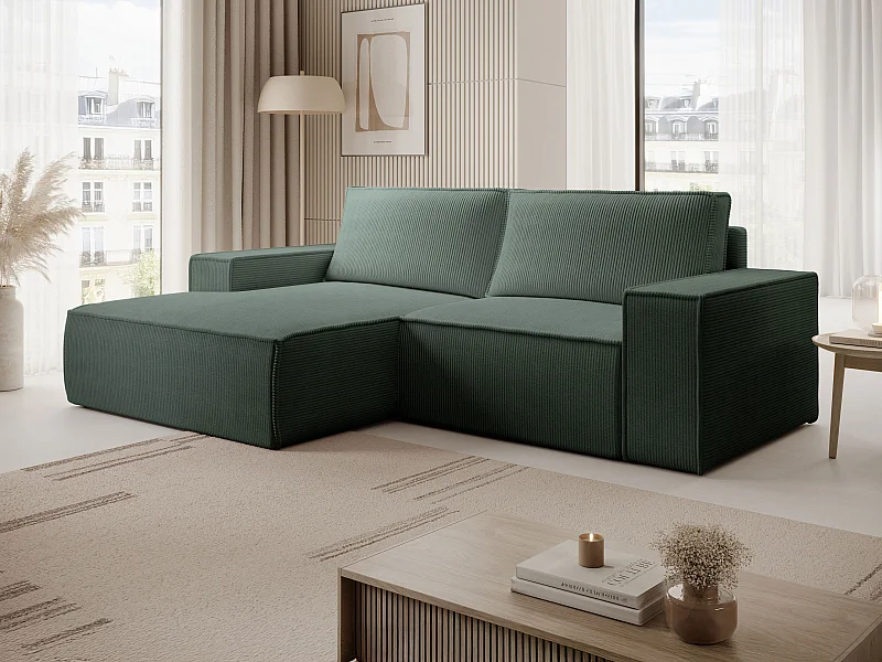 Piccolo divano letto angolo a sinistra in Velluto a coste Verde abete  - AMELIA