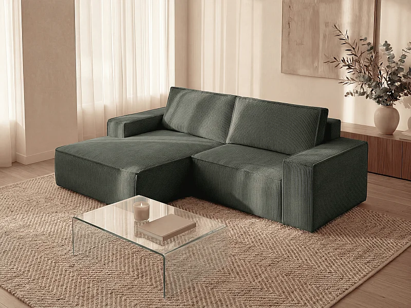 Kanapa narożna lewostronna mała rozkładana ze sztruksu w butelkowej zieleni - AMELIA