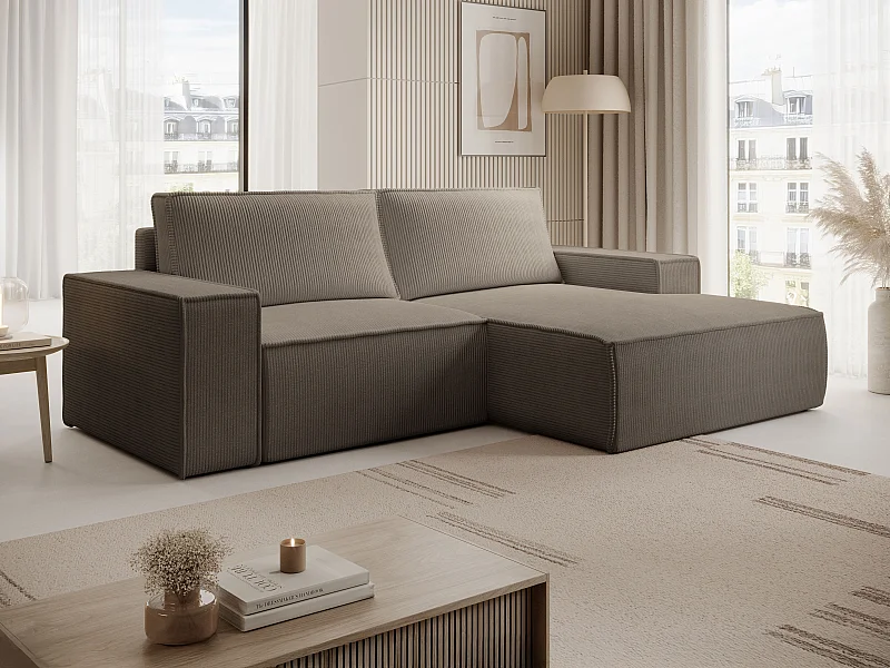 Kleines Ecksofa mit Schlaffunktion - Ecke rechts - Cord - Taupe - AMELIA