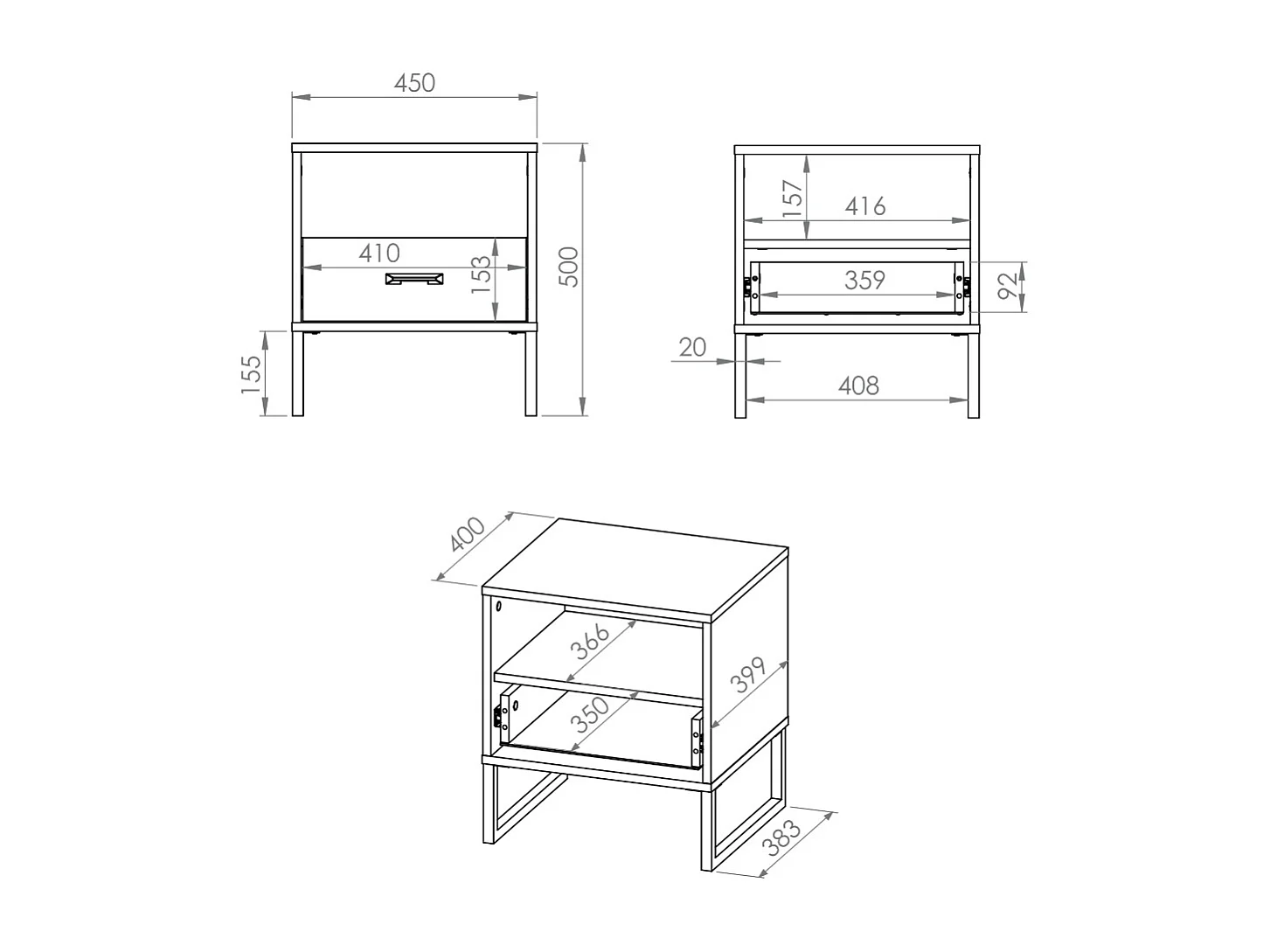 NACHTKONSOLE Colt schwarz / Craft Gold Eiche / Premium Steel 45 / 40 / 50cm (2er-Set)