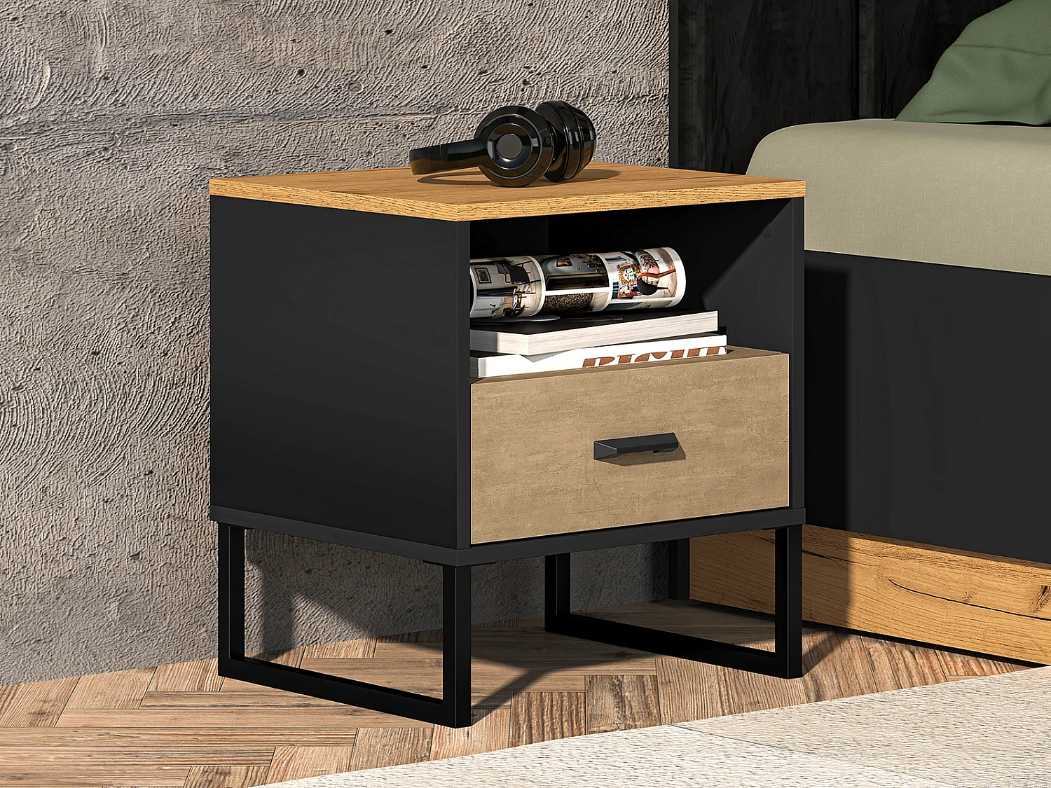 NACHTKONSOLE Colt schwarz / Craft Gold Eiche / Premium Steel 45 / 40 / 50cm (2er-Set)