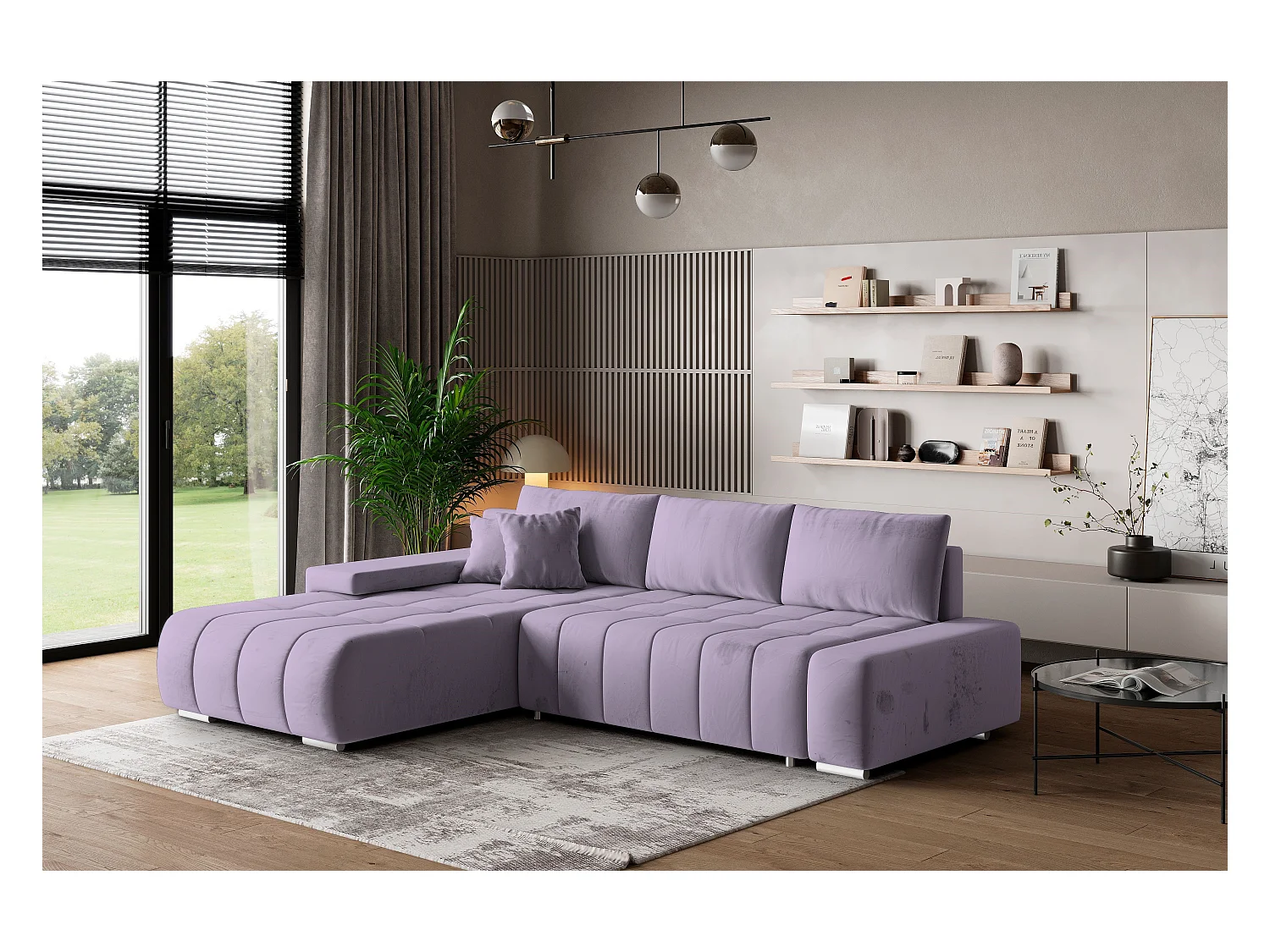 Canapé d'angle ALESE Parme en velours avec fonction de couchage