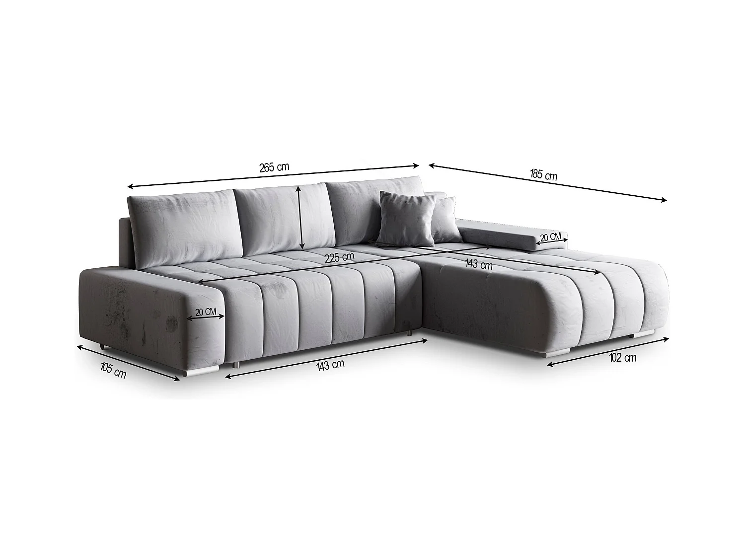 Canapé d'angle ALESE Parme en velours avec fonction de couchage