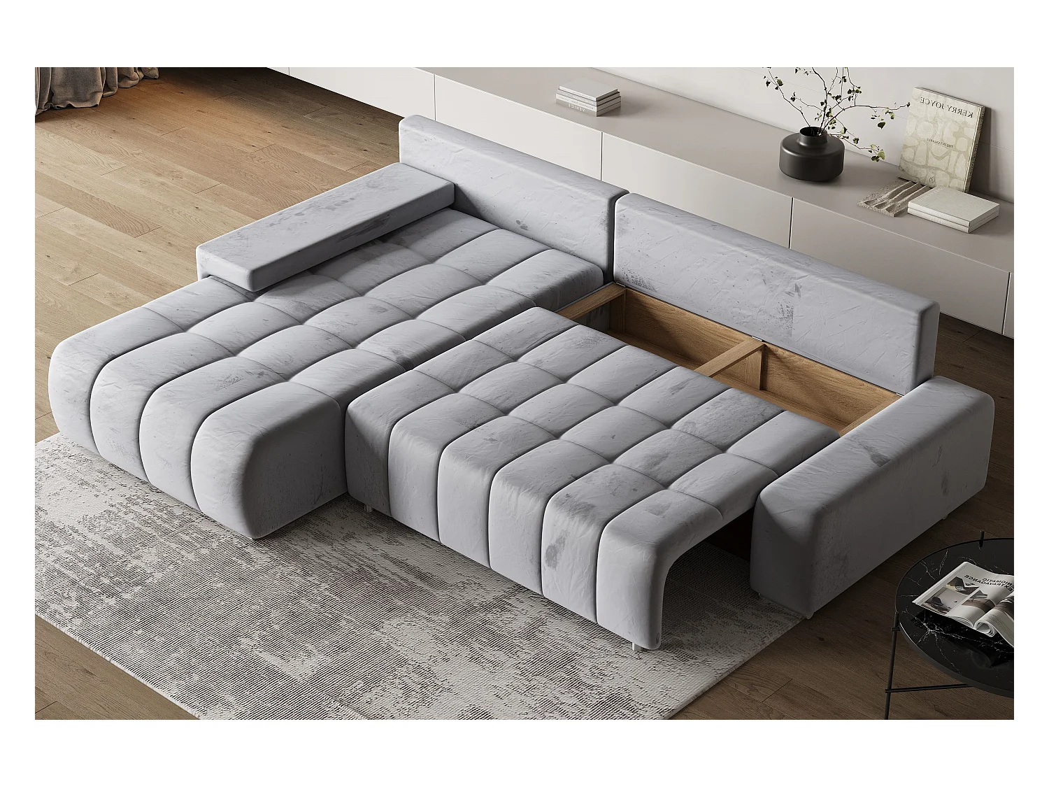 Canapé d'angle ALESE Parme en velours avec fonction de couchage