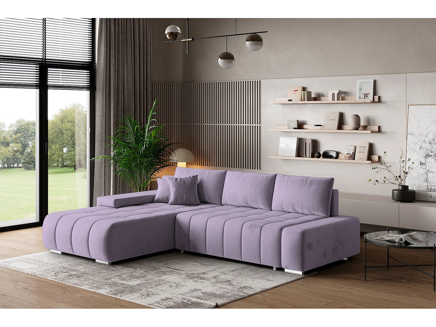 Canapé d'angle ALESE Parme en velours avec fonction de couchage