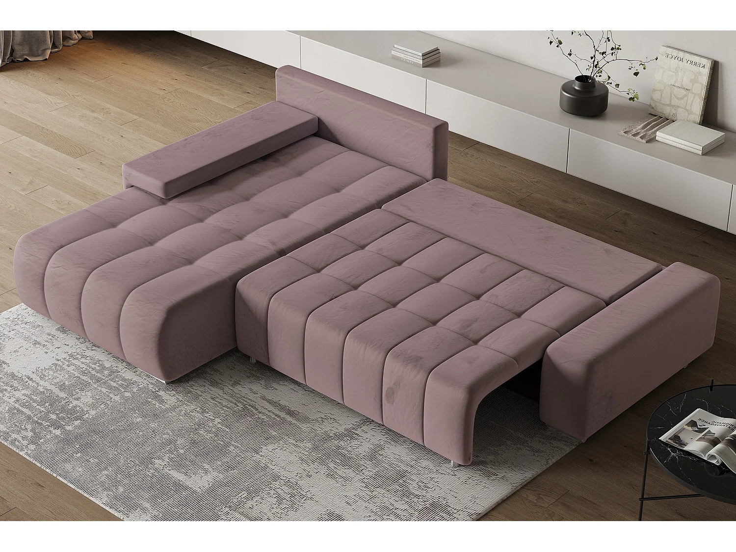 Hoekbank ALESE van fluweel met slaapfunctie Lila
