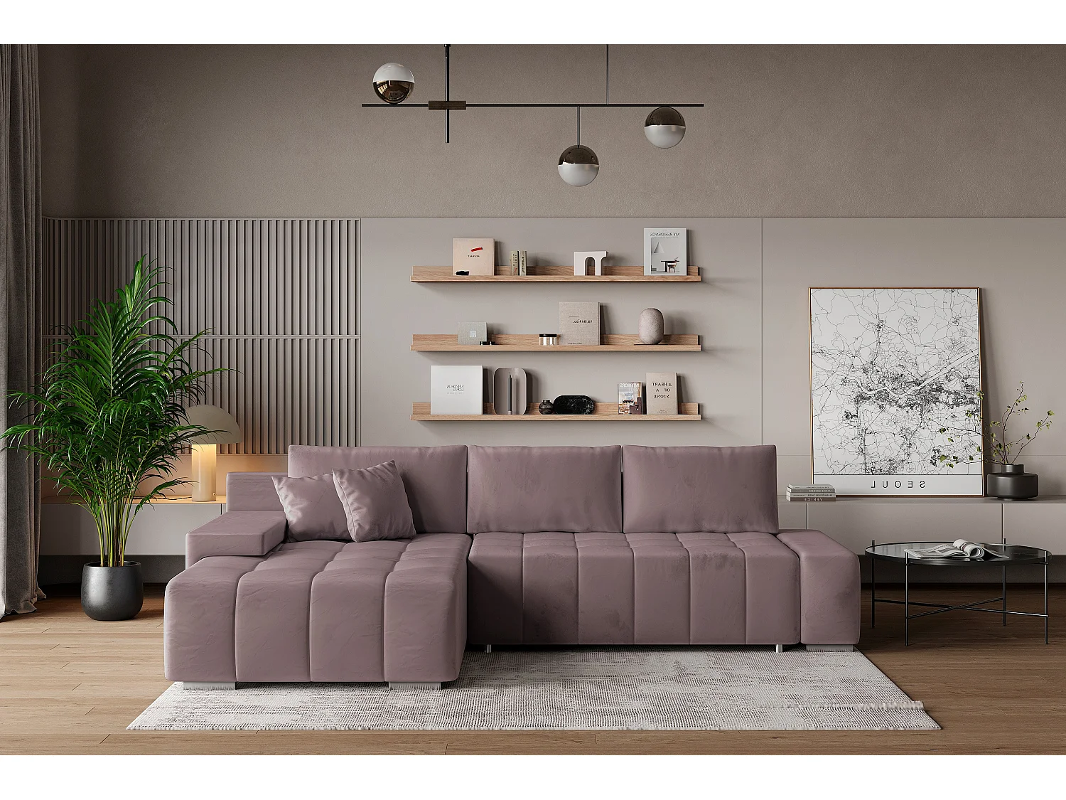 Hoekbank ALESE van fluweel met slaapfunctie Lila