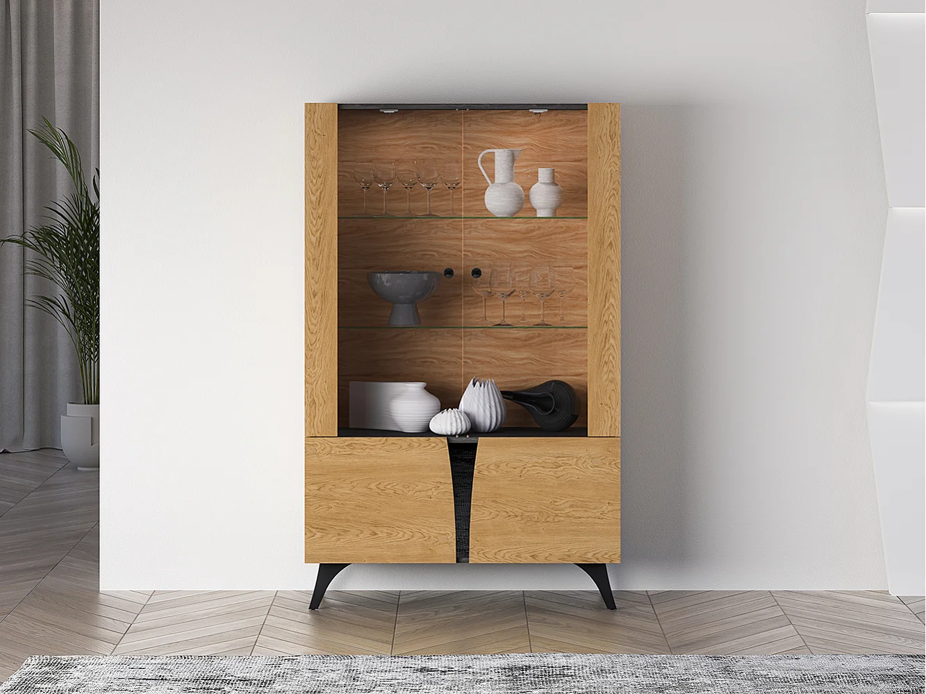 VITRINE Toscania Eiche / Schwarz 95 / 40 / 152cm