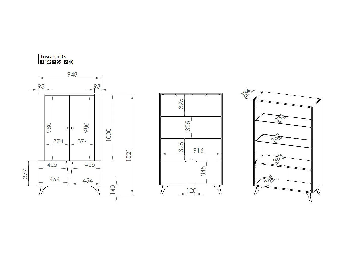 VITRINE Toscania Eiche / Schwarz 95 / 40 / 152cm