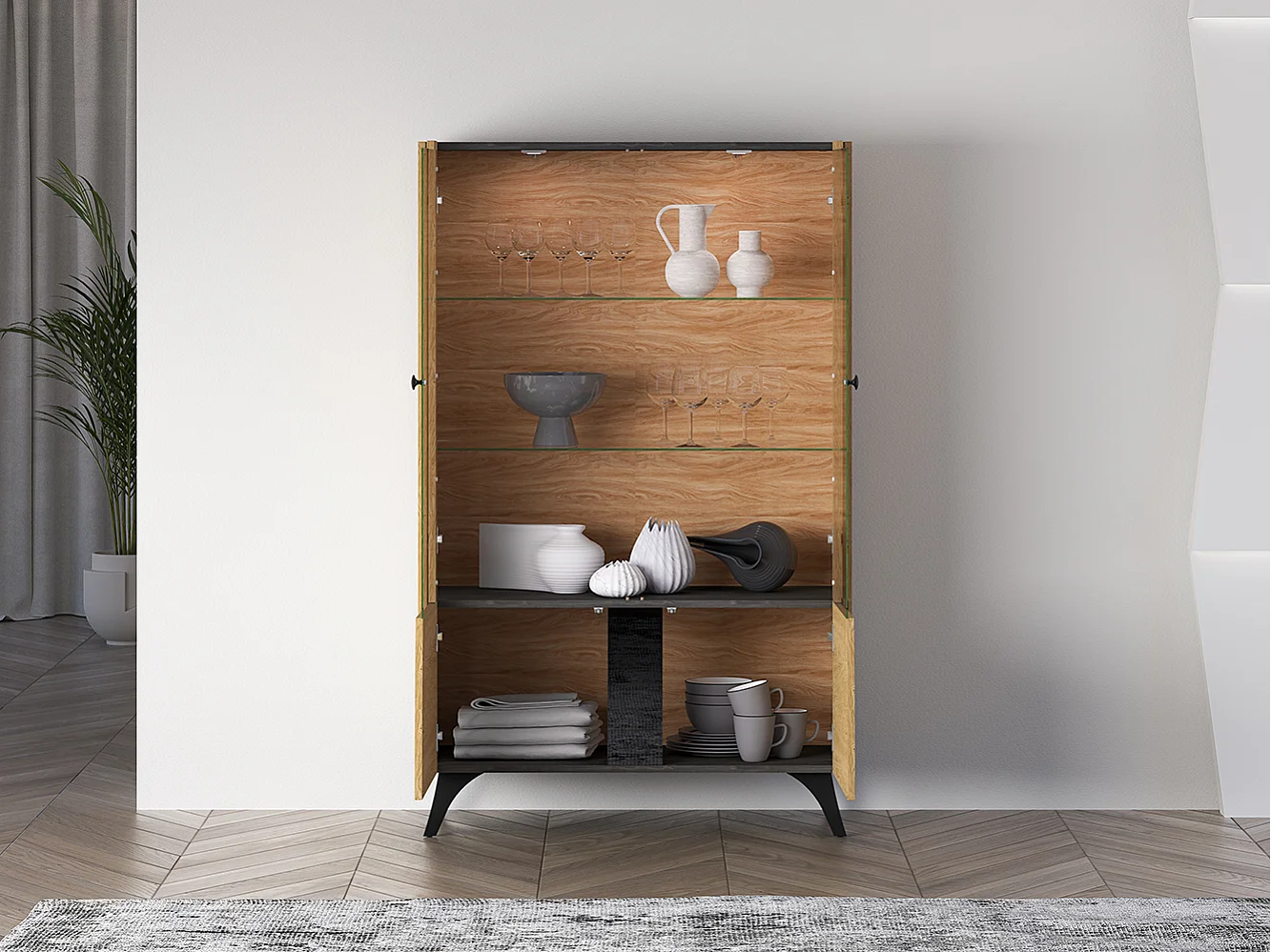 VITRINE Toscania Eiche / Schwarz 95 / 40 / 152cm