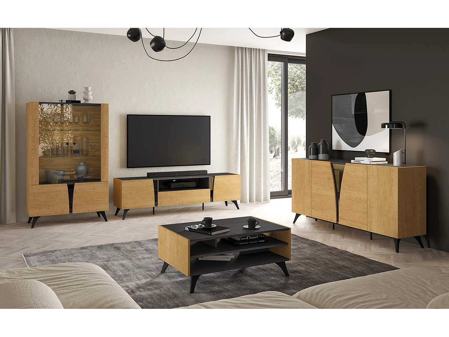 VITRINE Toscania Eiche / Schwarz 95 / 40 / 152cm