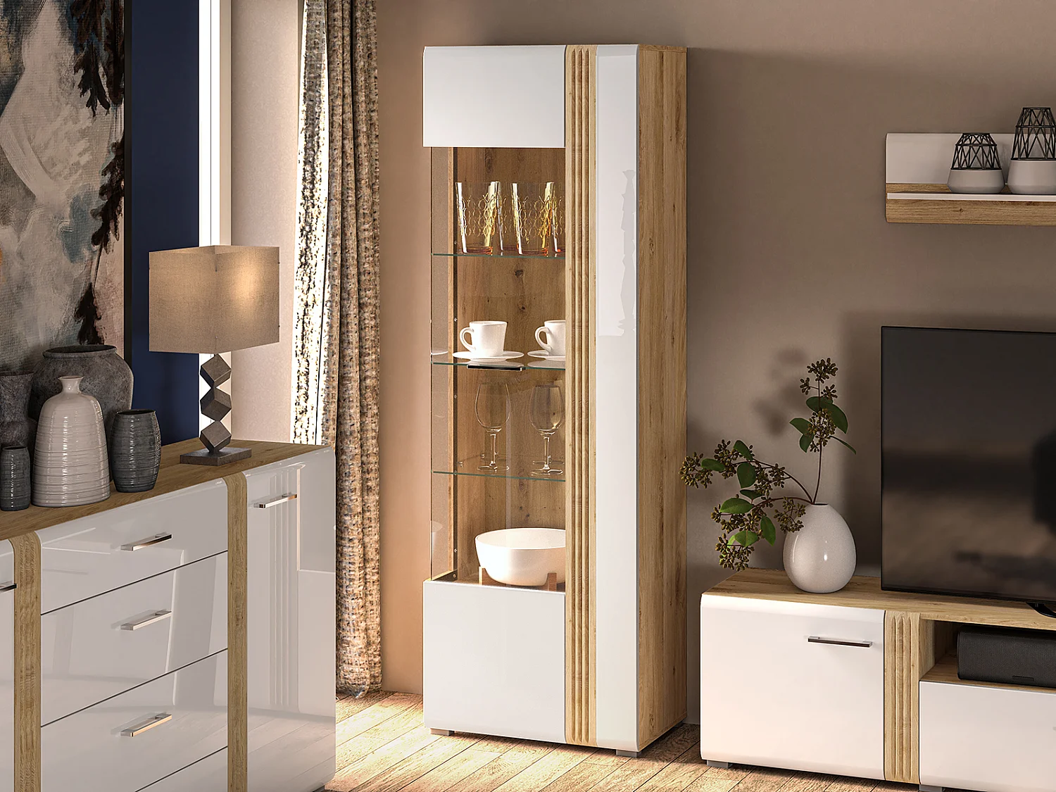 STANDVITRINE Adagio weiß hochglanz / Eiche castello 65 / 42 / 196cm