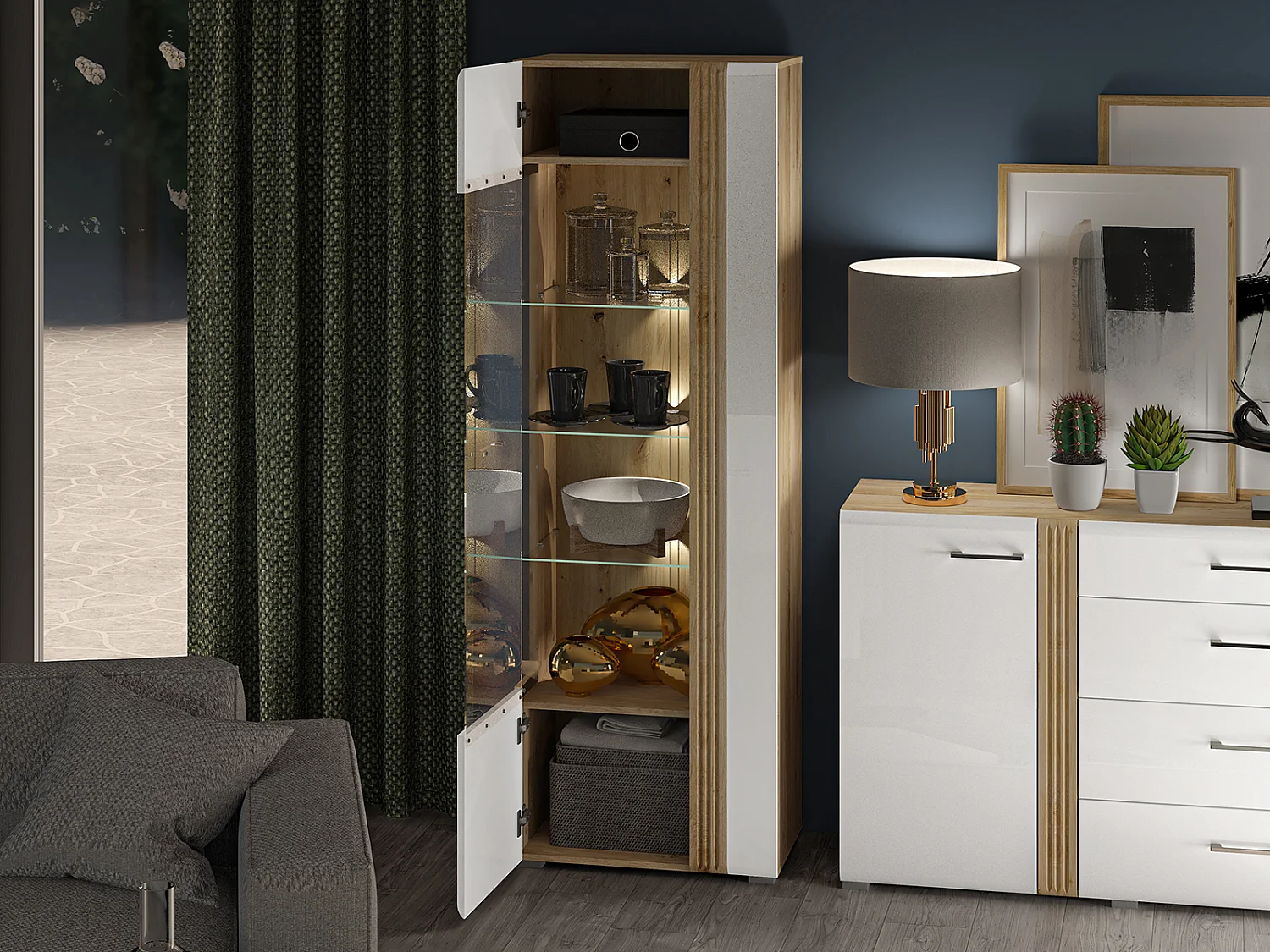 STANDVITRINE Adagio weiß hochglanz / Eiche castello 65 / 42 / 196cm