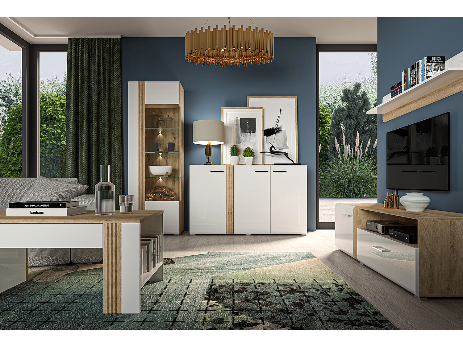 STANDVITRINE Adagio weiß hochglanz / Eiche castello 65 / 42 / 196cm