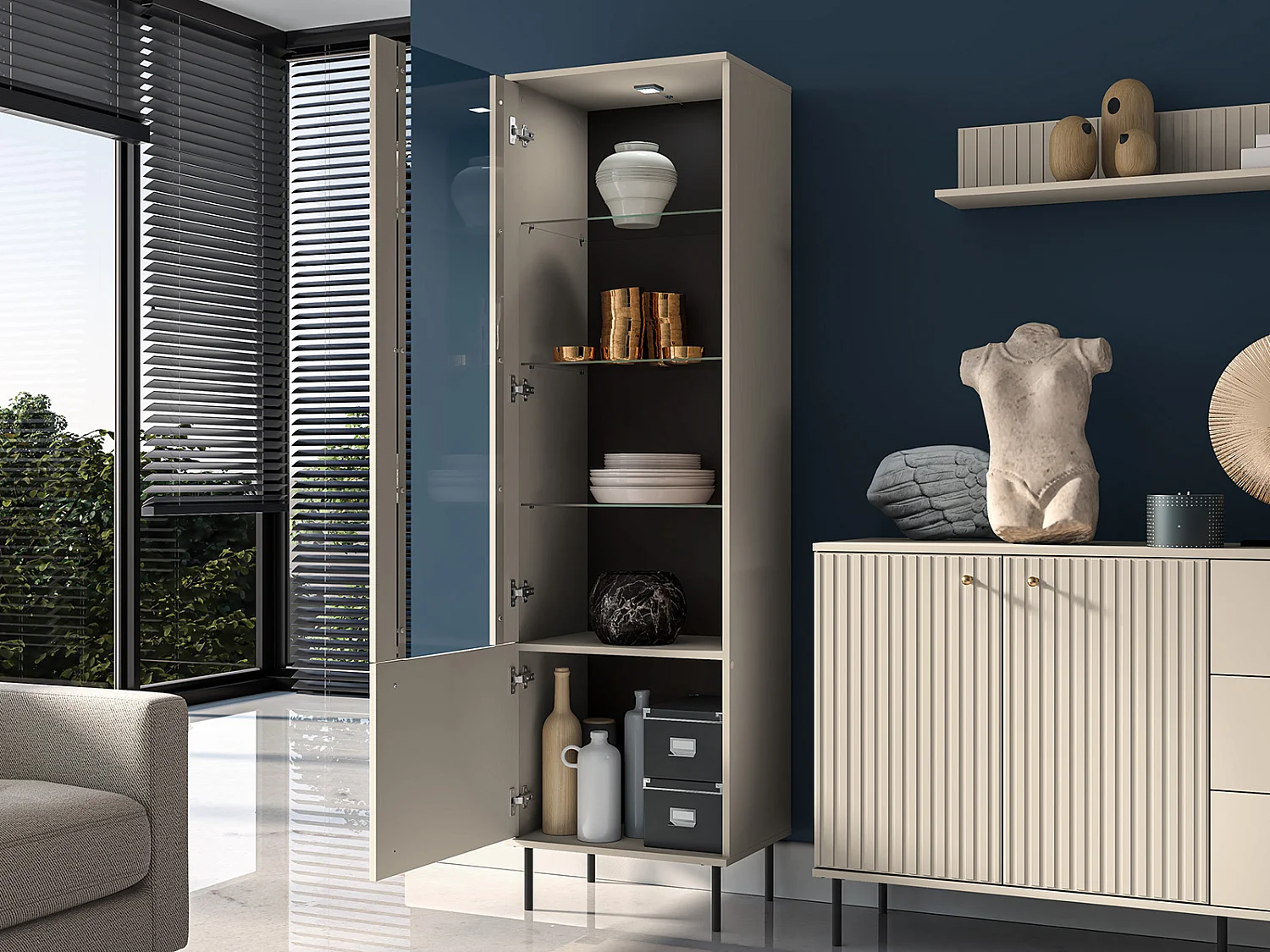 STANDVITRINE Sophie kaschmir matt 55 / 40 / 190cm