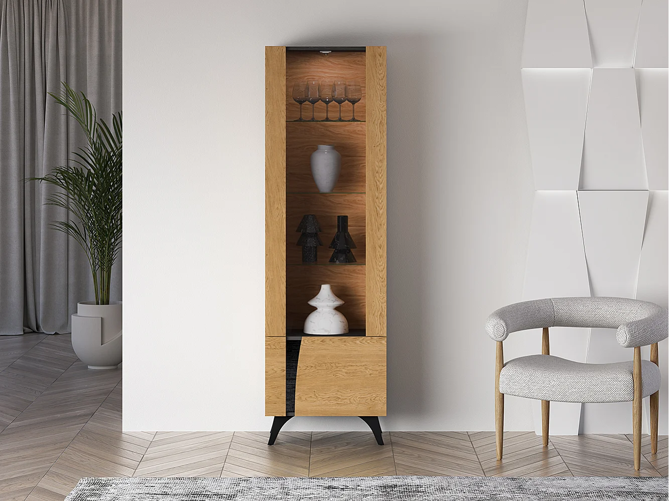 VITRINE Toscania Eiche / Schwarz 58 / 40 / 190cm