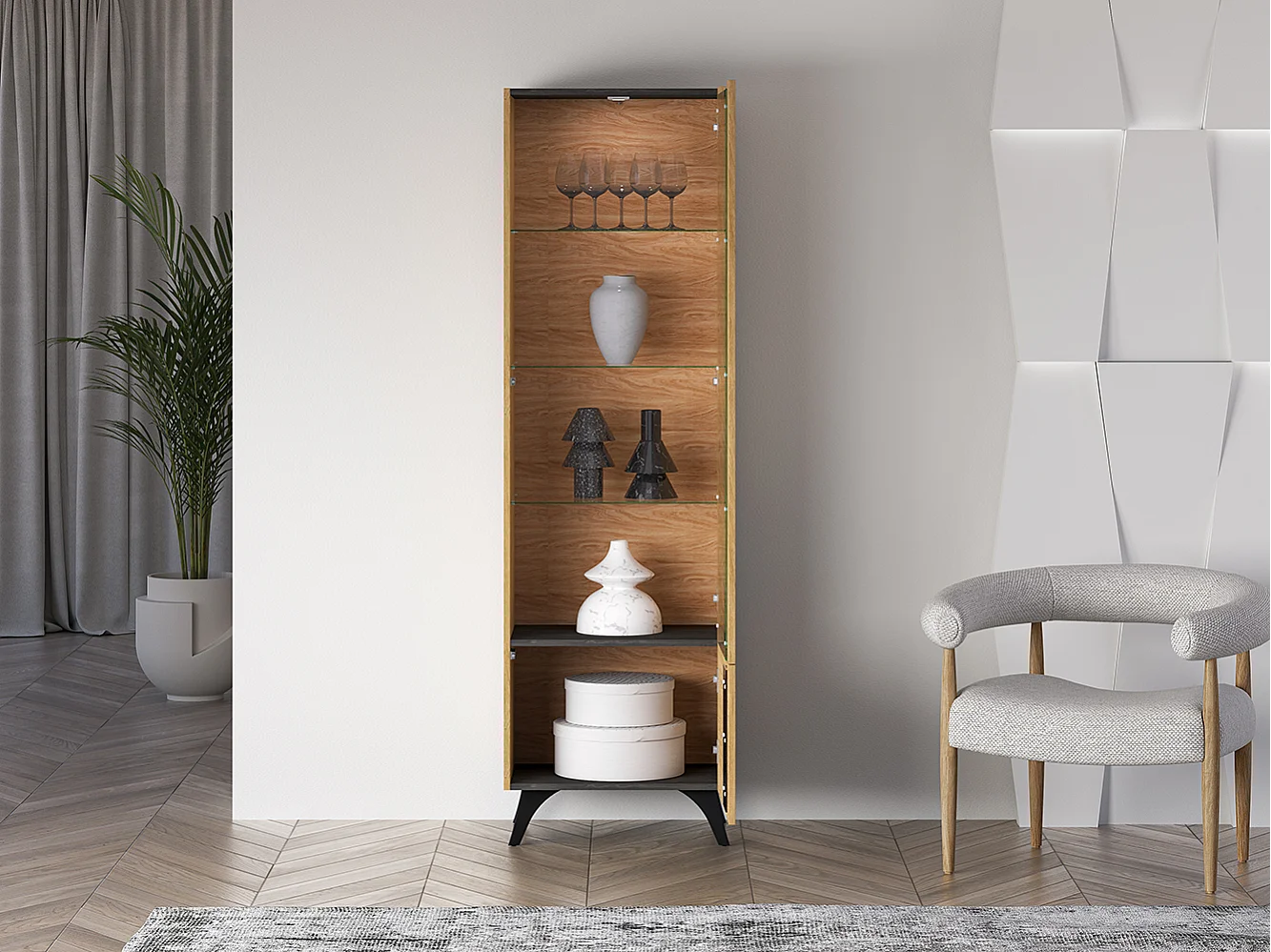 VITRINE Toscania Eiche / Schwarz 58 / 40 / 190cm