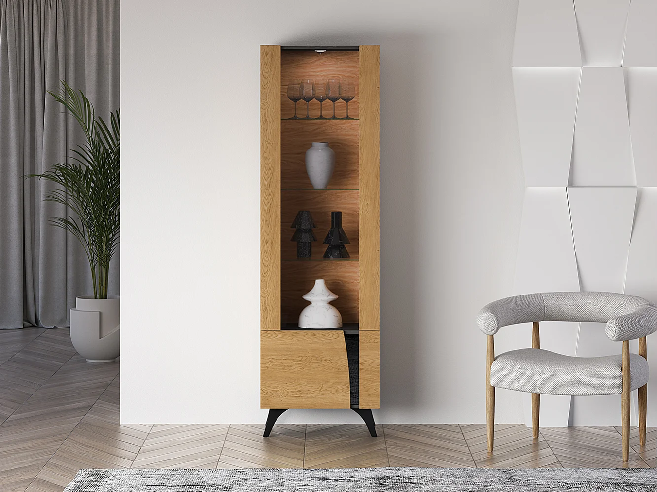 VITRINE Toscania Eiche / Schwarz 58 / 40 / 190cm