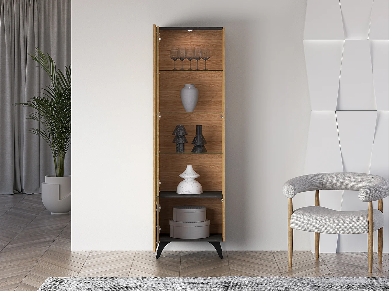 VITRINE Toscania Eiche / Schwarz 58 / 40 / 190cm