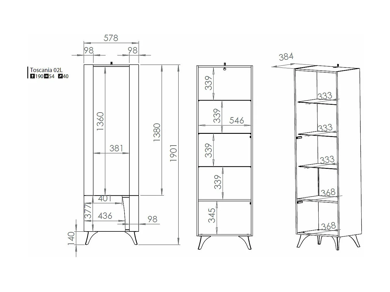 VITRINE Toscania Eiche / Schwarz 58 / 40 / 190cm