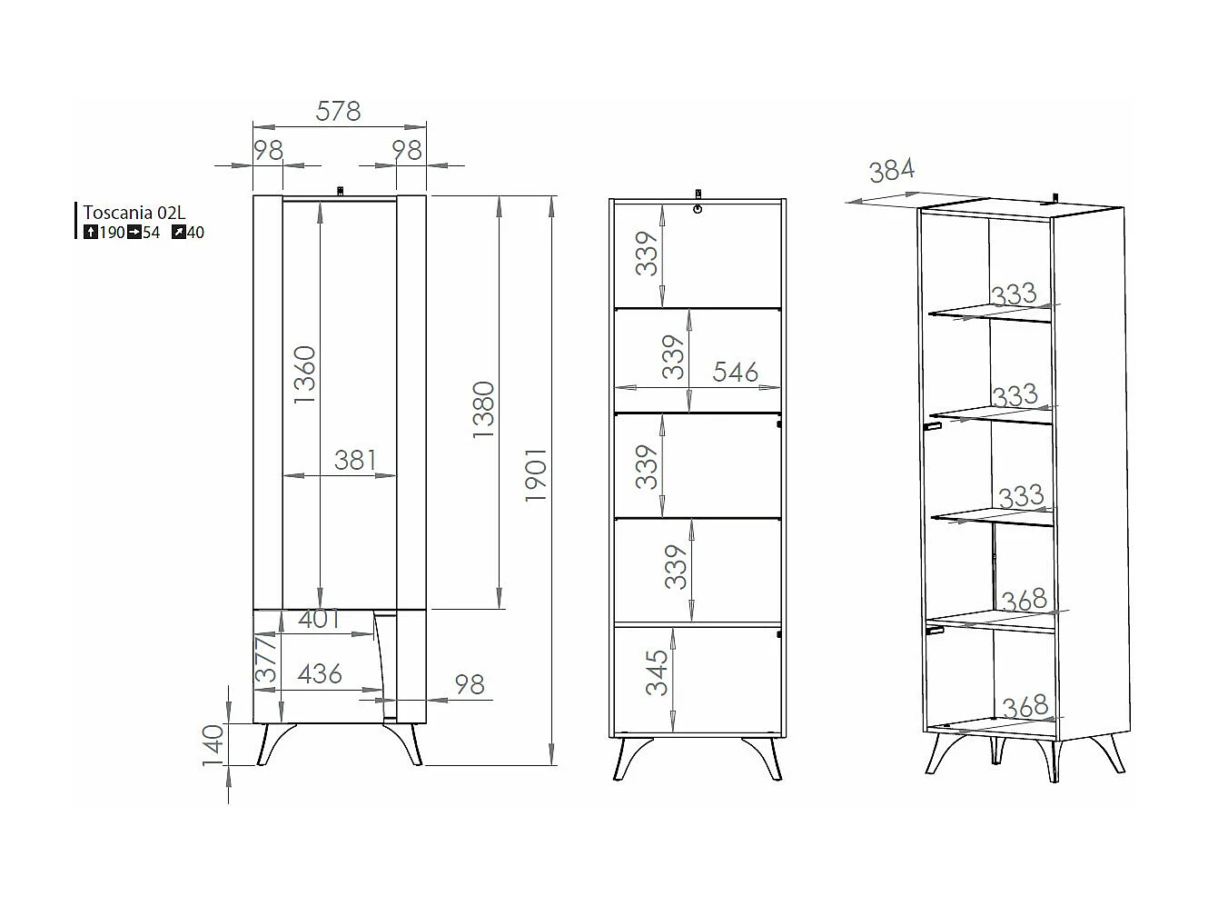 VITRINE Toscania Eiche / Schwarz 58 / 40 / 190cm