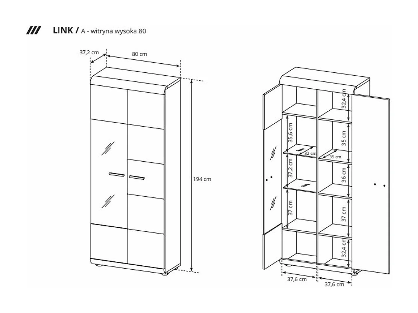 VITRINE Link A Eiche sonoma 80 / 37 / 194 cm