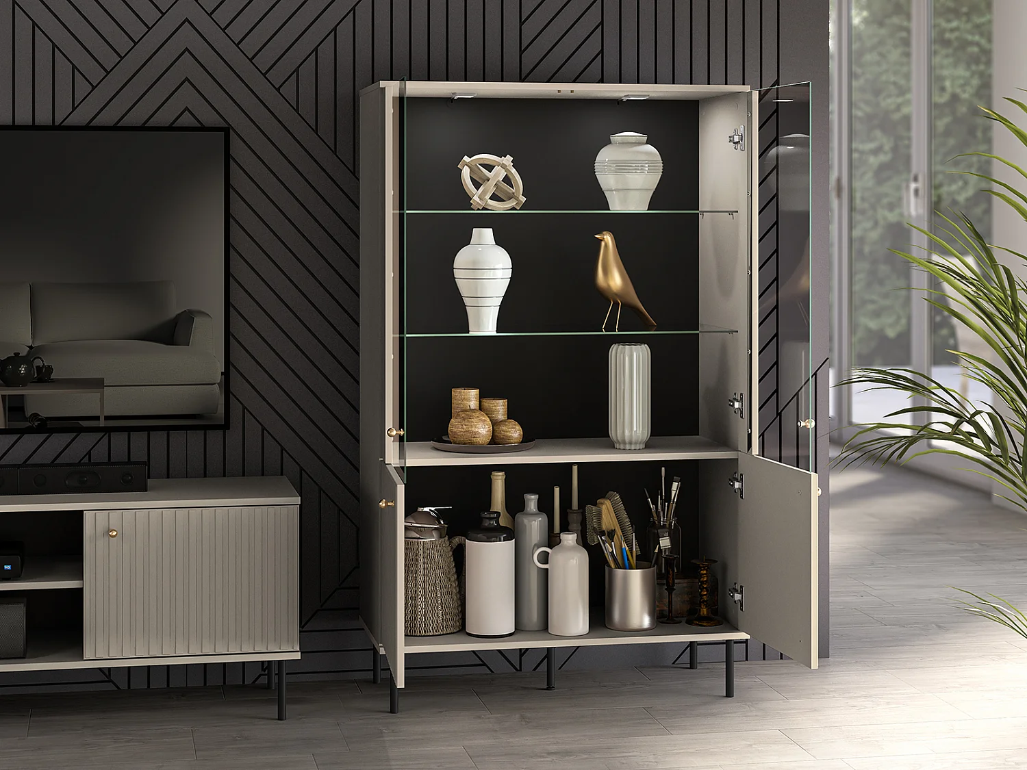 STAURAUMVITRINE Sophie kaschmir matt 92 / 40 / 151cm