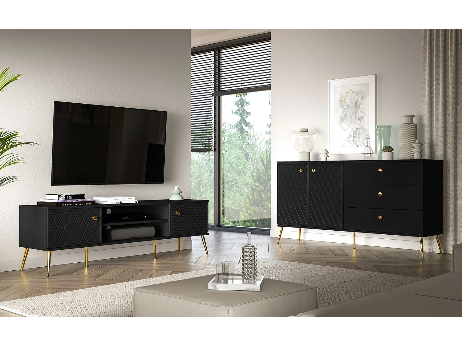 VITRINE Eljot Schwarz Matt / Gold 92 / 40 / 149cm