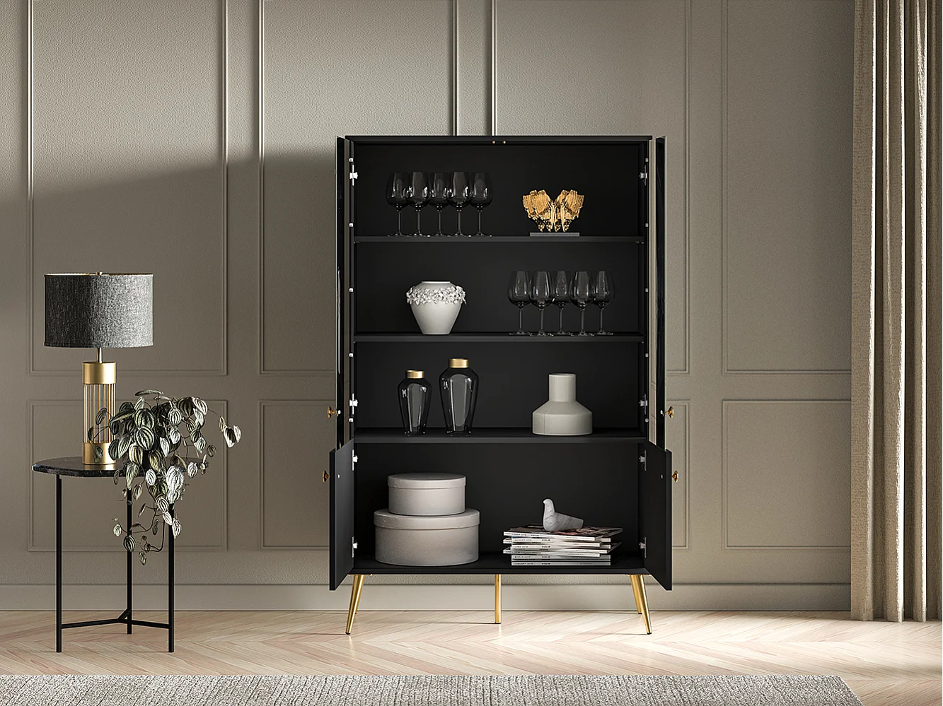 VITRINE Eljot Schwarz Matt / Gold 92 / 40 / 149cm