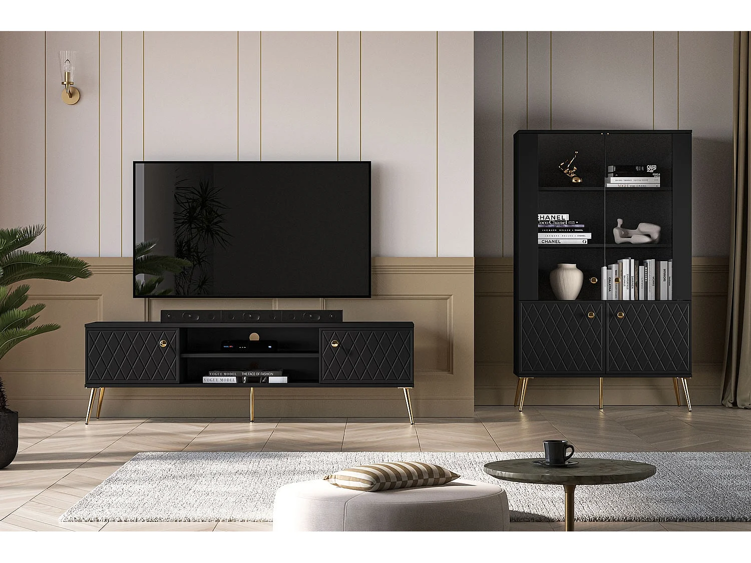 VITRINE Eljot Schwarz Matt / Gold 92 / 40 / 149cm