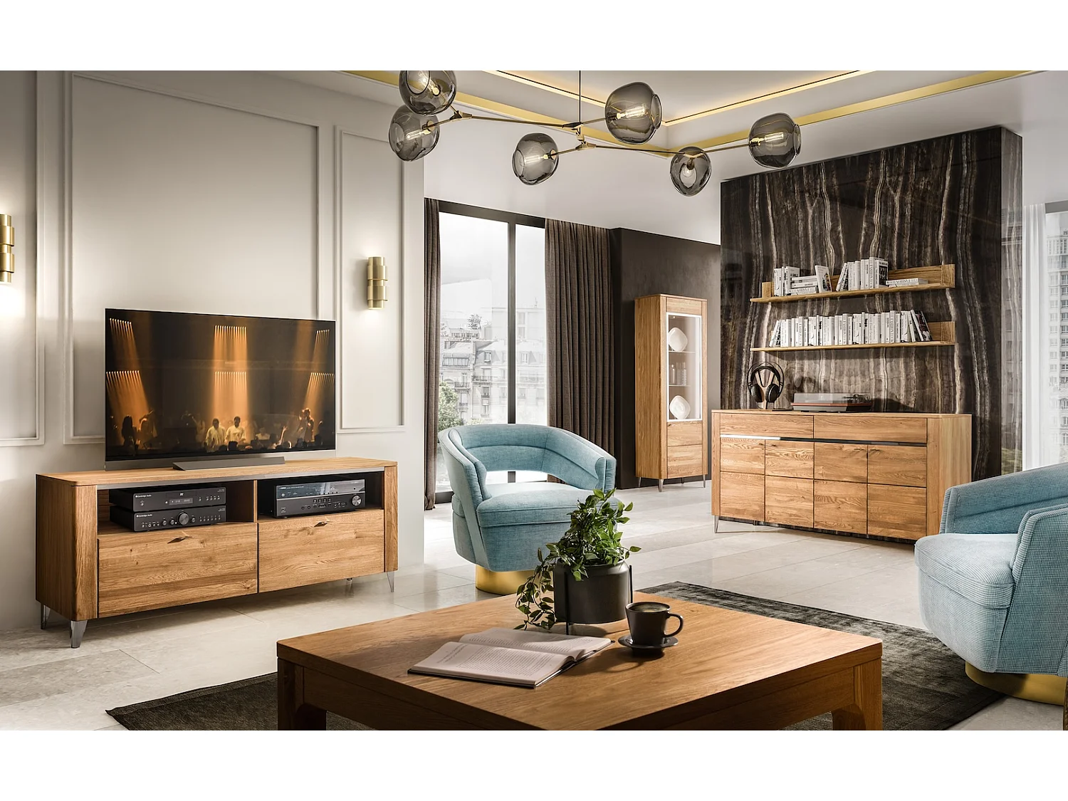 STANDVITRINE Latina Honig Eiche 90 / 42 / 200cm