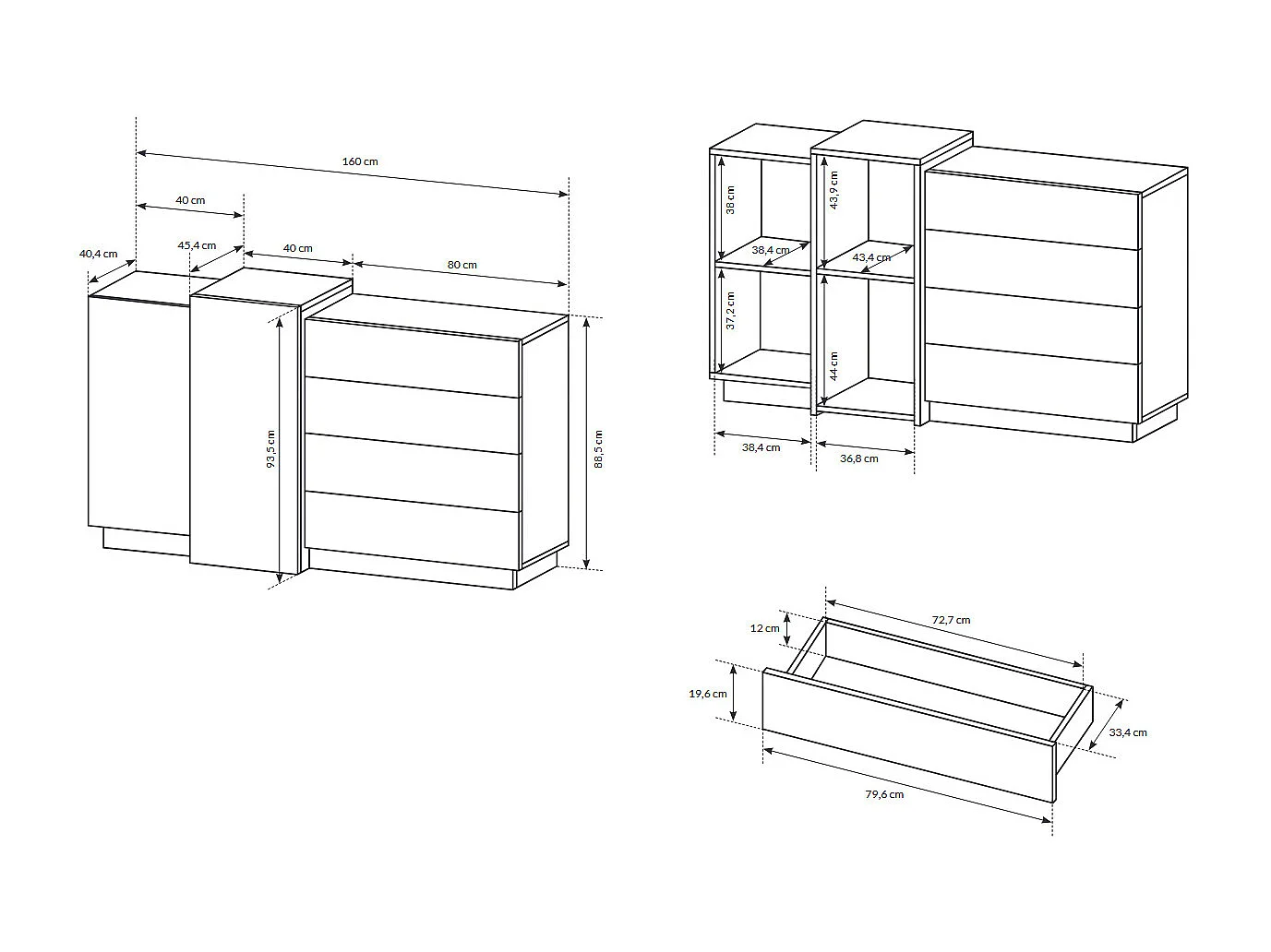 KOMMODE 3D weiß / Gold Craft Eiche 160cm / 45 cm / 93,5 cm