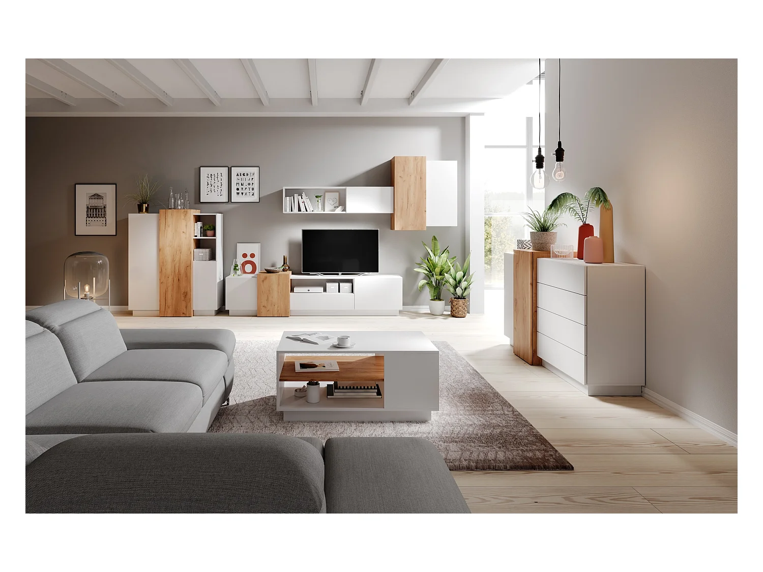 KOMMODE 3D weiß / Gold Craft Eiche 160cm / 45 cm / 93,5 cm