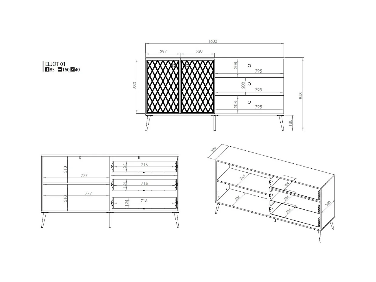 SIDEBOARD Eljot Schwarz / Gold 160 / 40 / 85cm