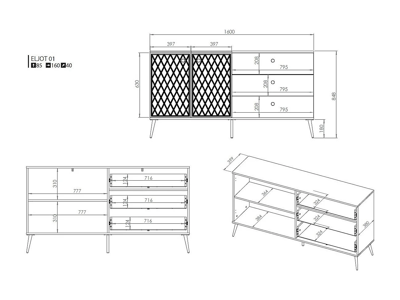 SIDEBOARD Eljot Schwarz / Gold 160 / 40 / 85cm