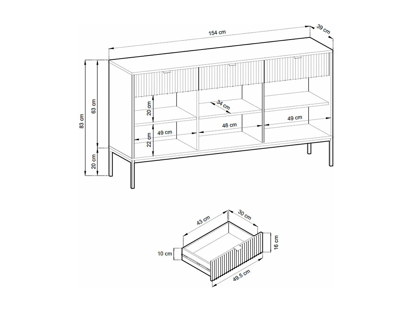 SIDEBOARD Nova Grau / Schwarz 154 / 39 / 83cm